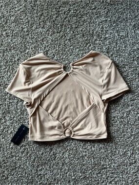 Ring-Detail Beige Cutout Crop Top